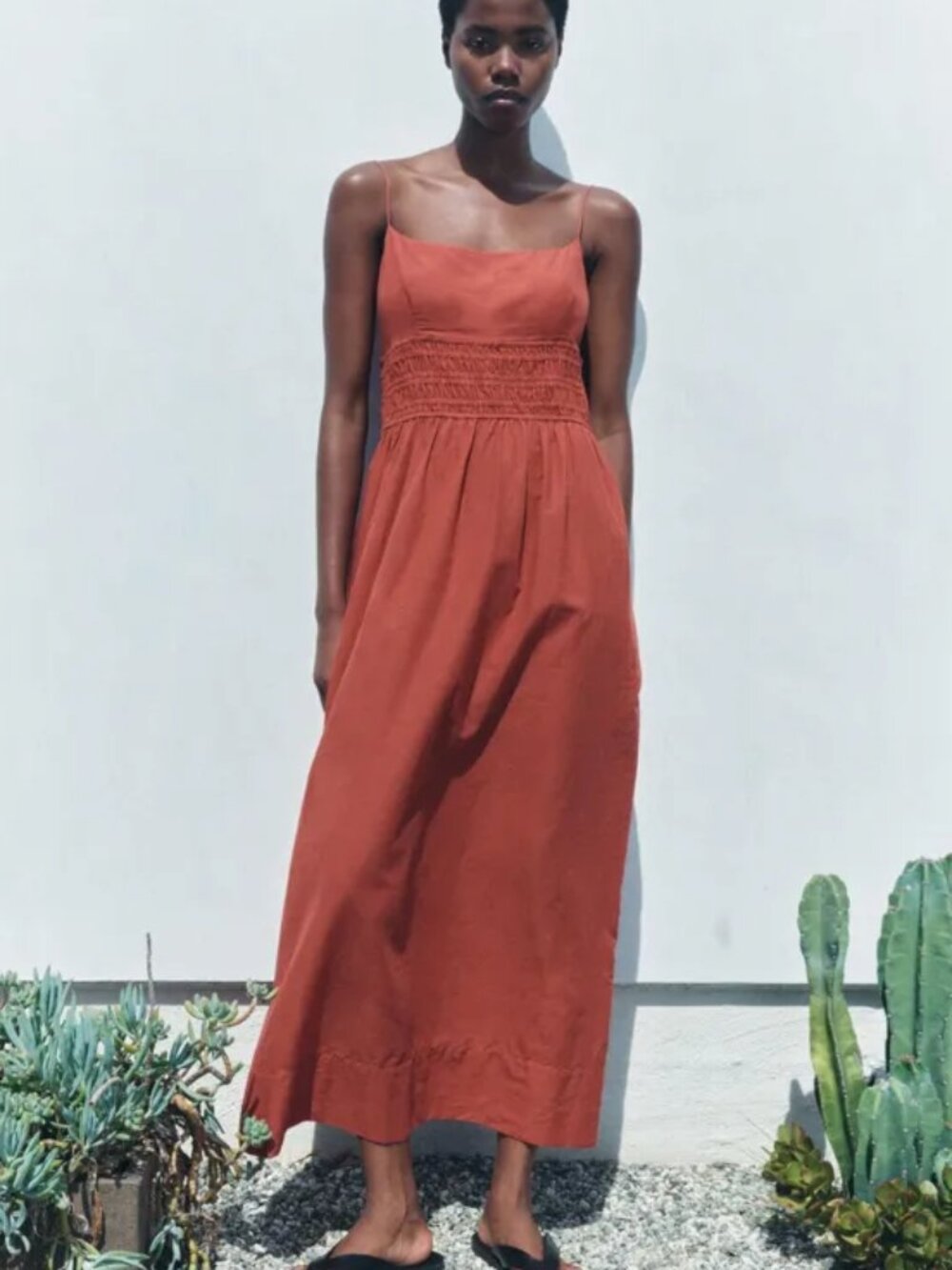 Zara ZW Collection Terracotta Cotton Smocked Midi Dress XS NWT